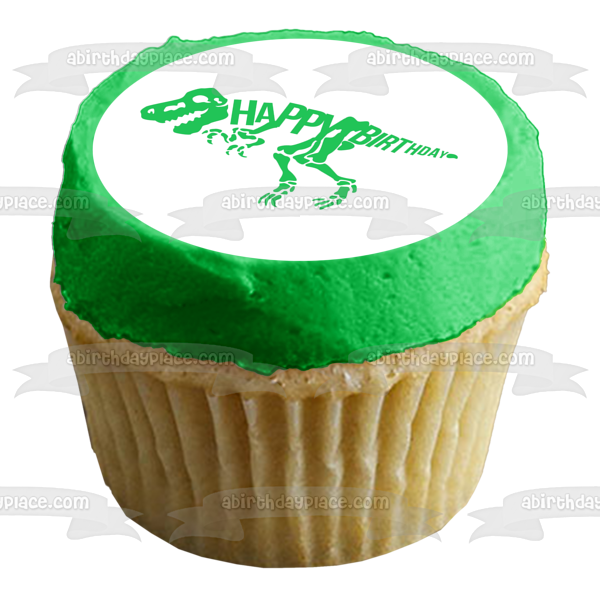 Imagen comestible para tarta de feliz cumpleaños con esqueleto de dinosaurio verde ABPID50282 