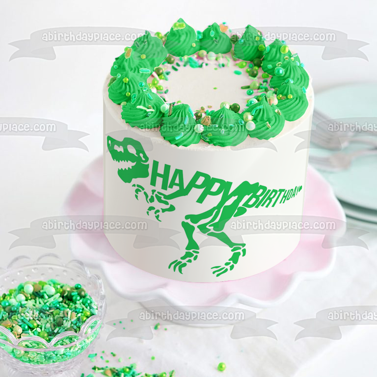 Imagen comestible para tarta de feliz cumpleaños con esqueleto de dinosaurio verde ABPID50282 