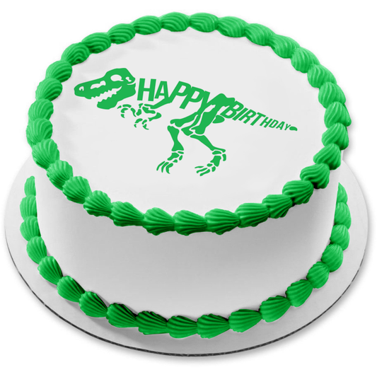 Imagen comestible para tarta de feliz cumpleaños con esqueleto de dinosaurio verde ABPID50282 