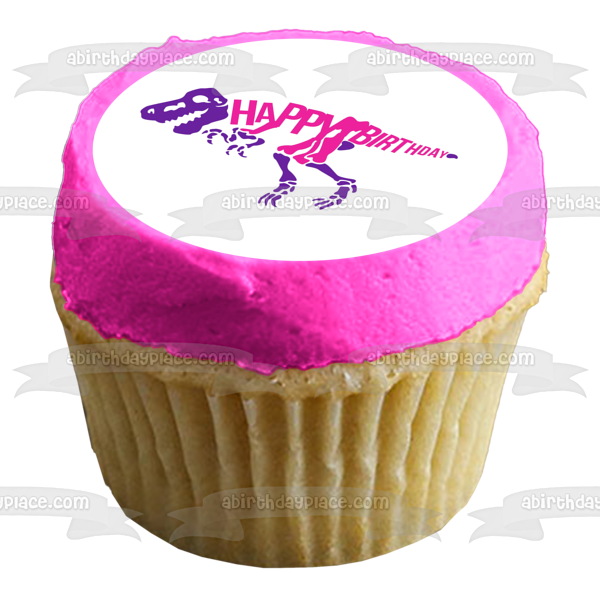 Imagen comestible para tarta de cumpleaños con esqueleto de dinosaurio rosa y morado ABPID50283 