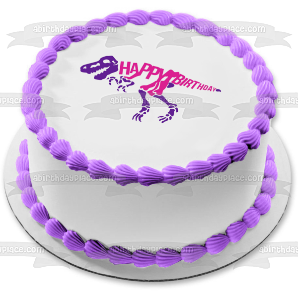 Imagen comestible para tarta de cumpleaños con esqueleto de dinosaurio rosa y morado ABPID50283 