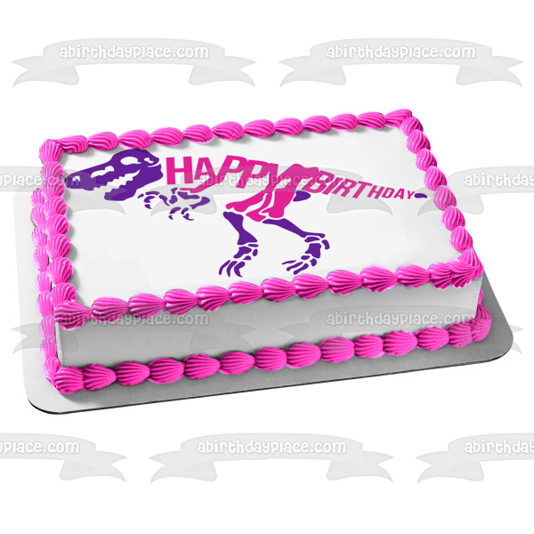 Imagen comestible para tarta de cumpleaños con esqueleto de dinosaurio rosa y morado ABPID50283 