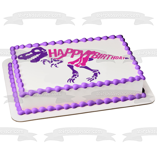 Imagen comestible para tarta de cumpleaños con esqueleto de dinosaurio rosa y morado ABPID50283 