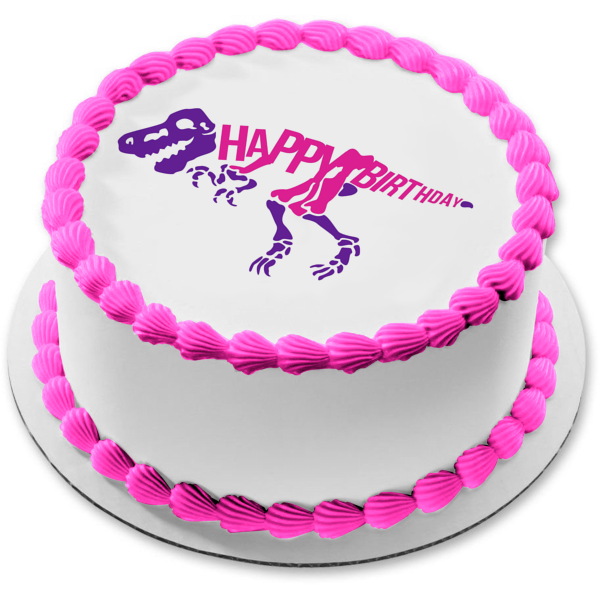 Imagen comestible para tarta de cumpleaños con esqueleto de dinosaurio rosa y morado ABPID50283 