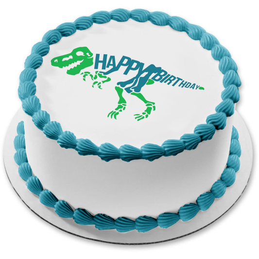 Green and Blue Dinosaur Skeleton Happy Birthday Edible Cake Topper Image ABPID50284