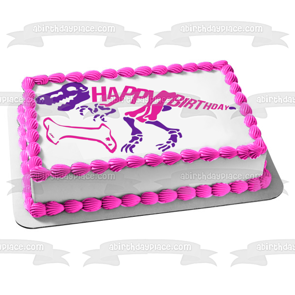 Esqueleto de dinosaurio rosa y morado, hueso rosa, decoración comestible para tarta de feliz cumpleaños, imagen ABPID50287 