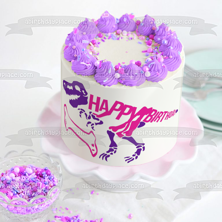 Esqueleto de dinosaurio rosa y morado, hueso rosa, decoración comestible para tarta de feliz cumpleaños, imagen ABPID50287 