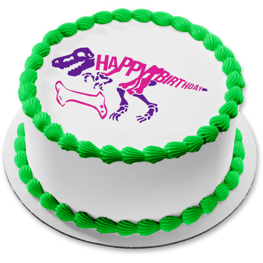 Esqueleto de dinosaurio rosa y morado, hueso rosa, decoración comestible para tarta de feliz cumpleaños, imagen ABPID50287 