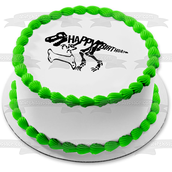 Black Dinosaur Skeleton Happy Birthday Black Bone Edible Cake Topper Image ABPID50288