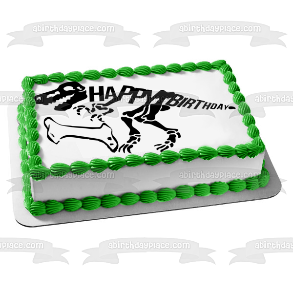 Black Dinosaur Skeleton Happy Birthday Black Bone Edible Cake Topper Image ABPID50288