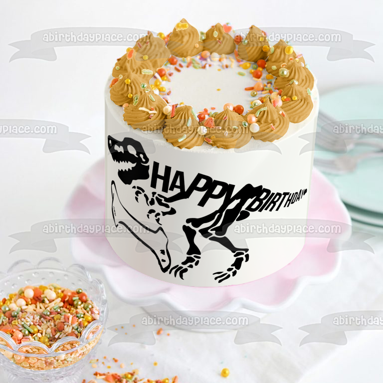 Black Dinosaur Skeleton Happy Birthday Black Bone Edible Cake Topper Image ABPID50288