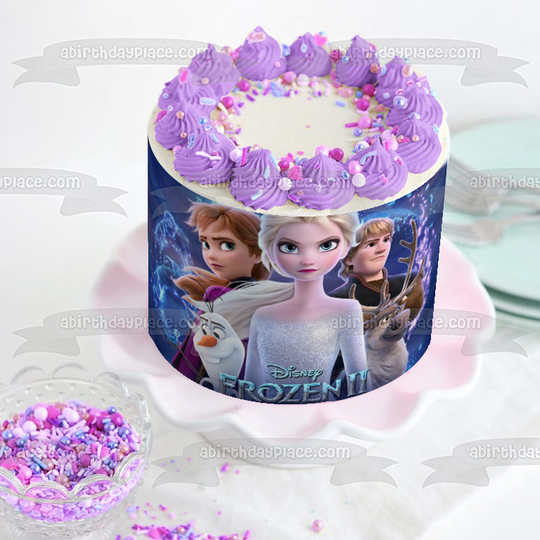 Disney Frozen 2 Elsa Anna Kristoff Sven Olaf Fondo azul Decoración comestible para tarta Imagen ABPID50515 