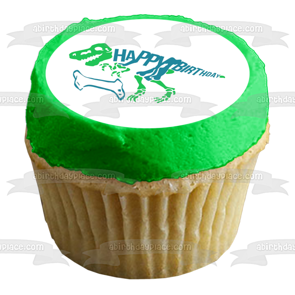 Green and Blue Dinosaur Skeleton Happy Birthday Blue Bone Edible Cake Topper Image ABPID50289