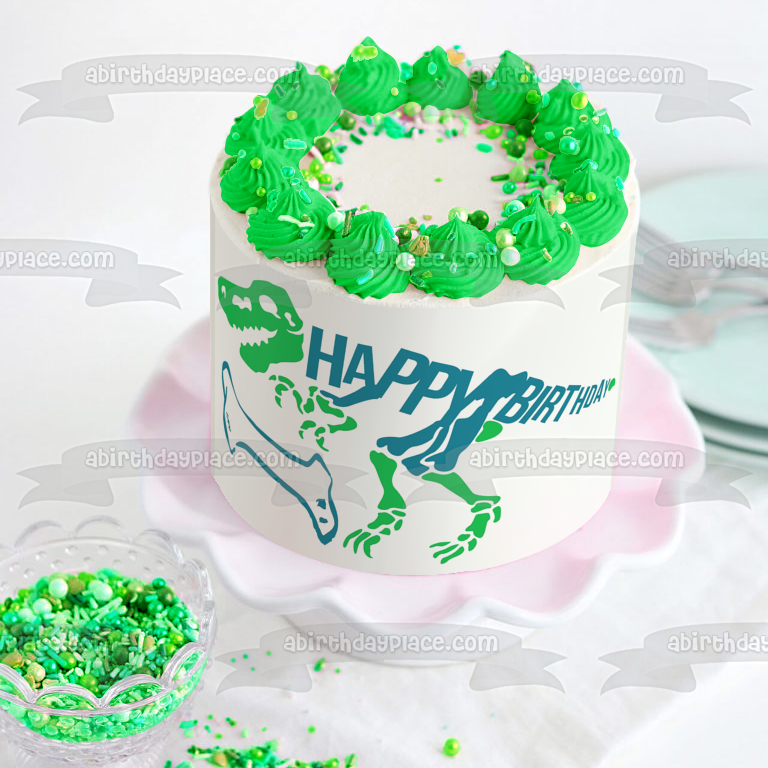 Green and Blue Dinosaur Skeleton Happy Birthday Blue Bone Edible Cake Topper Image ABPID50289