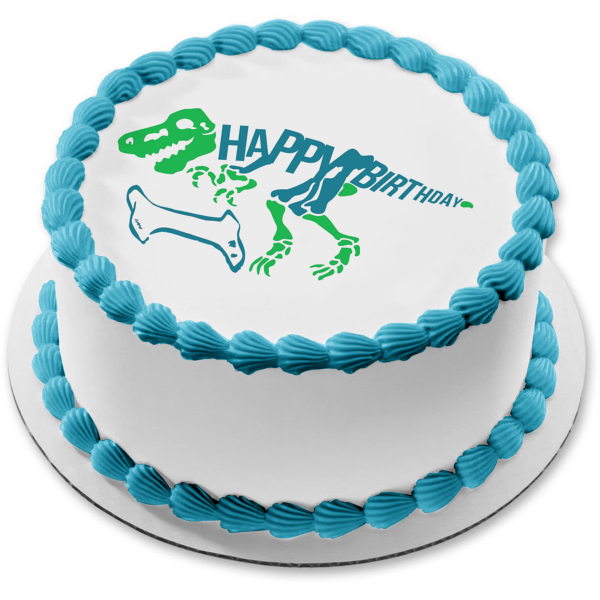 Green and Blue Dinosaur Skeleton Happy Birthday Blue Bone Edible Cake Topper Image ABPID50289