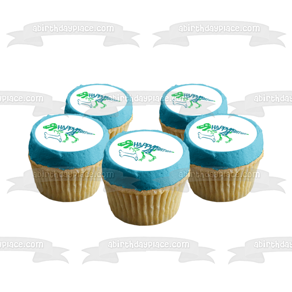 Green and Blue Dinosaur Skeleton Happy Birthday Blue Bone Edible Cake Topper Image ABPID50289