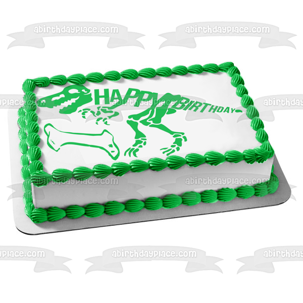 Green Dinosaur Skeleton Happy Birthday Green Bone Edible Cake Topper Image ABPID50290