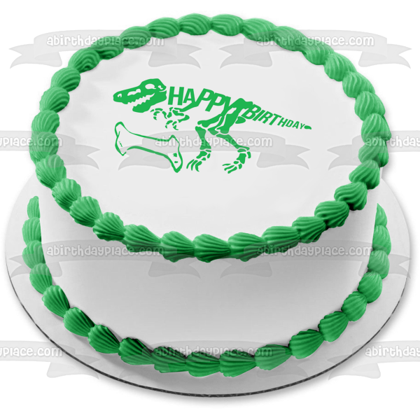 Green Dinosaur Skeleton Happy Birthday Green Bone Edible Cake Topper Image ABPID50290