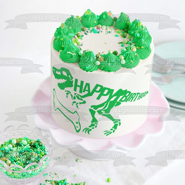 Green Dinosaur Skeleton Happy Birthday Green Bone Edible Cake Topper Image ABPID50290