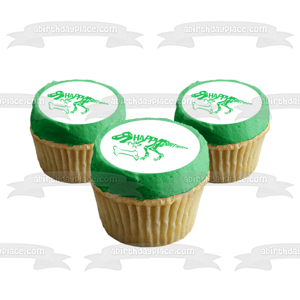 Green Dinosaur Skeleton Happy Birthday Green Bone Edible Cake Topper Image ABPID50290