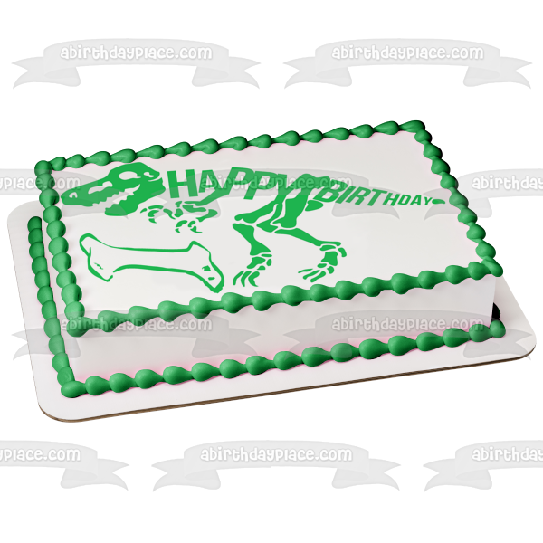 Green Dinosaur Skeleton Happy Birthday Green Bone Edible Cake Topper Image ABPID50290