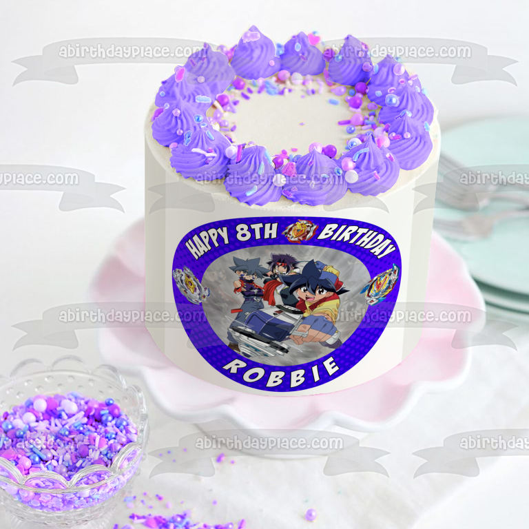 Beyblade Burst Blue Round Customizable Edible Cake Topper Image ABPID50530