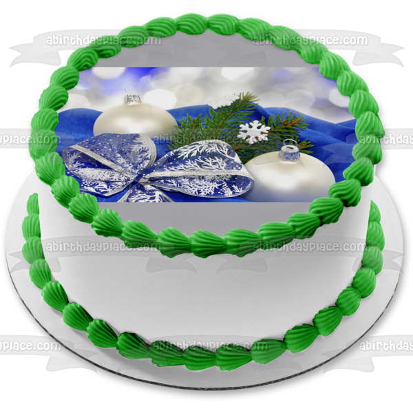 Adornos De Bolas Blancas De Navidad Fondo Azul Rama De Árbol De Navidad Adorno Comestible Para Pastel Imagen ABPID50576 