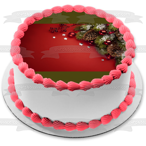 Christmas Tree Pine Cones Red Ball Ornaments Silver Stars Red Background Edible Cake Topper Image ABPID50593