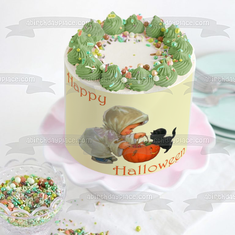 Cute Happy Halloween First Halloween Trick or Treat Edible Cake Topper Image ABPID50339