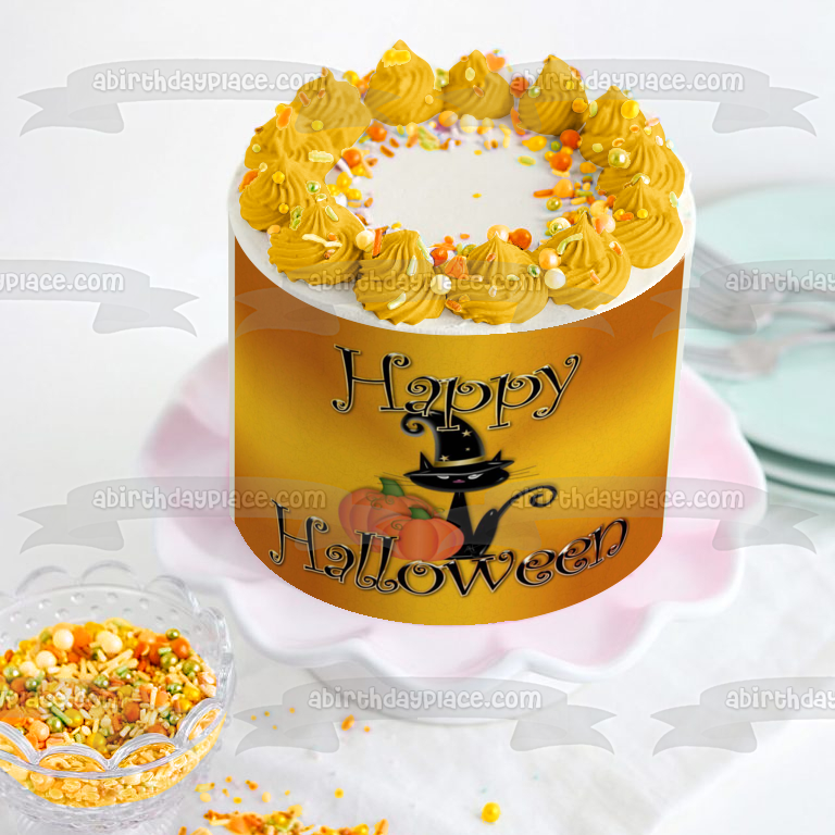 Feliz Halloween Bruja Gato Calabaza Adorno comestible para tarta Imagen ABPID50356 