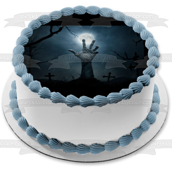 Zombie Graveyard Halloween Full Moon Edible Cake Topper Image ABPID50358