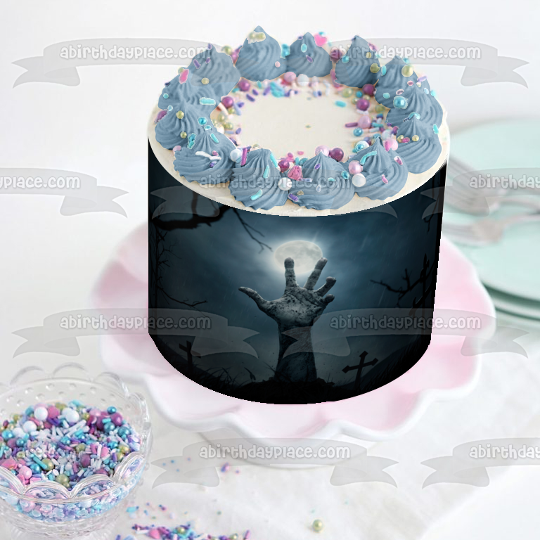 Zombie Graveyard Halloween Full Moon Edible Cake Topper Image ABPID50358