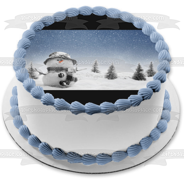 Adorno comestible para tarta con diseño de hombre de nieve, sombrero negro, bufanda, árboles, imagen ABPID50611 