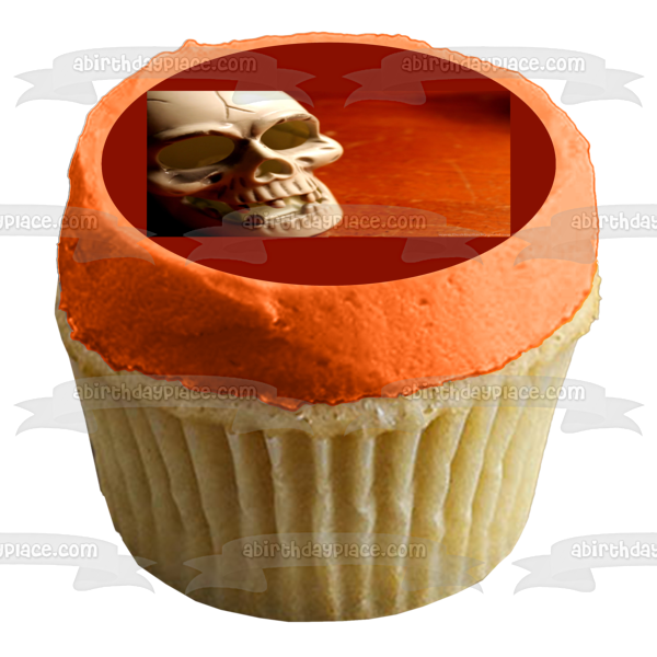 Imagen comestible para decoración de tarta con fondo rojo de calavera de Halloween ABPID50362 