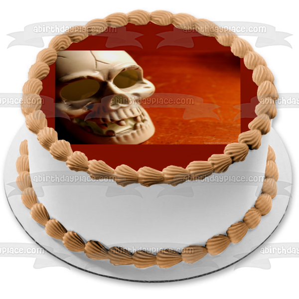 Imagen comestible para decoración de tarta con fondo rojo de calavera de Halloween ABPID50362 