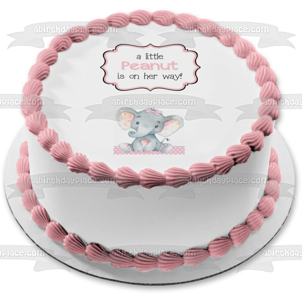 ¡Un pequeño maní está en camino! Adorno comestible para tarta de baby shower con elefante, imagen ABPID50364 