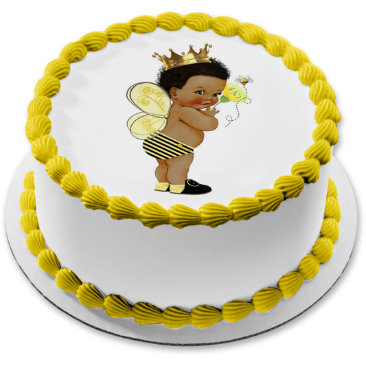 Imagen comestible para tarta con diseño de príncipe afroamericano, baby shower, abeja, reina, abeja, ABPID50367 