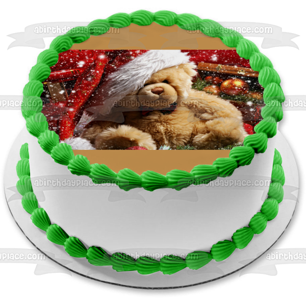 Oso de peluche Gorro de Navidad Nieve Adorno comestible para tarta Imagen ABPID50626 