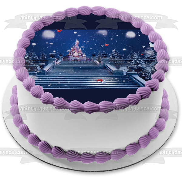 Navidad Walt Disney World Castillo de Cenicienta Mickey Mouse Globos Nieve Adorno comestible para tarta Imagen ABPID50627 