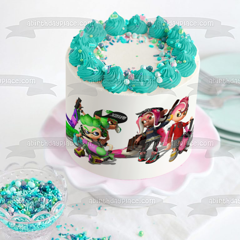 Splatoon 2 Inklings Lime Green Turquoise Pink Edible Cake Topper Image ABPID50386