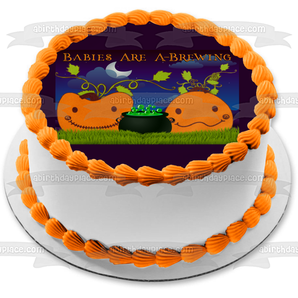 Babies Are A-Brewing Mommy and Daddy Pumpkin Edible Cake Topper Image ABPID50390