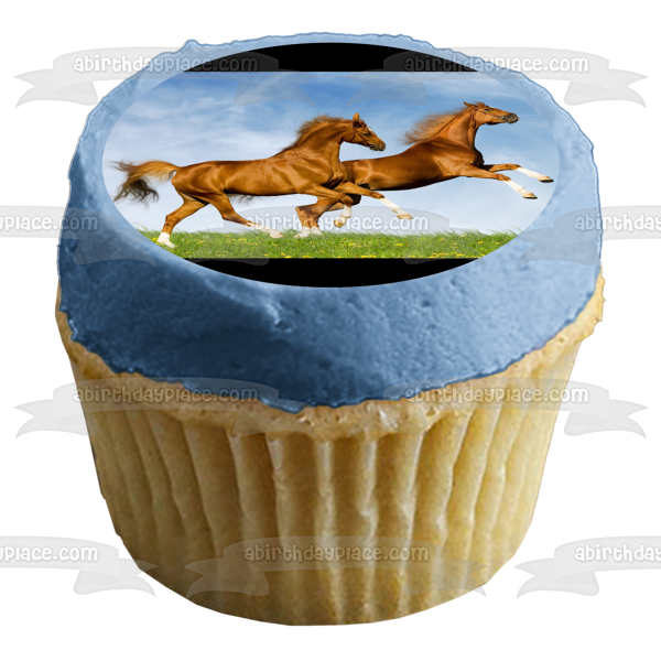 Imagen de decoración comestible para tarta con caballos encabritados y caballos marrones ABPID50396 