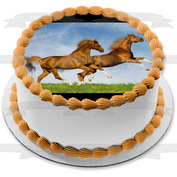 Imagen de decoración comestible para tarta con caballos encabritados y caballos marrones ABPID50396 