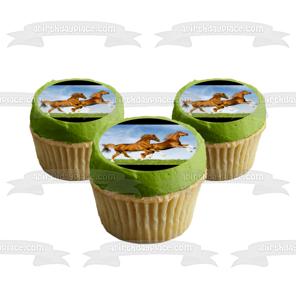 Imagen de decoración comestible para tarta con caballos encabritados y caballos marrones ABPID50396 