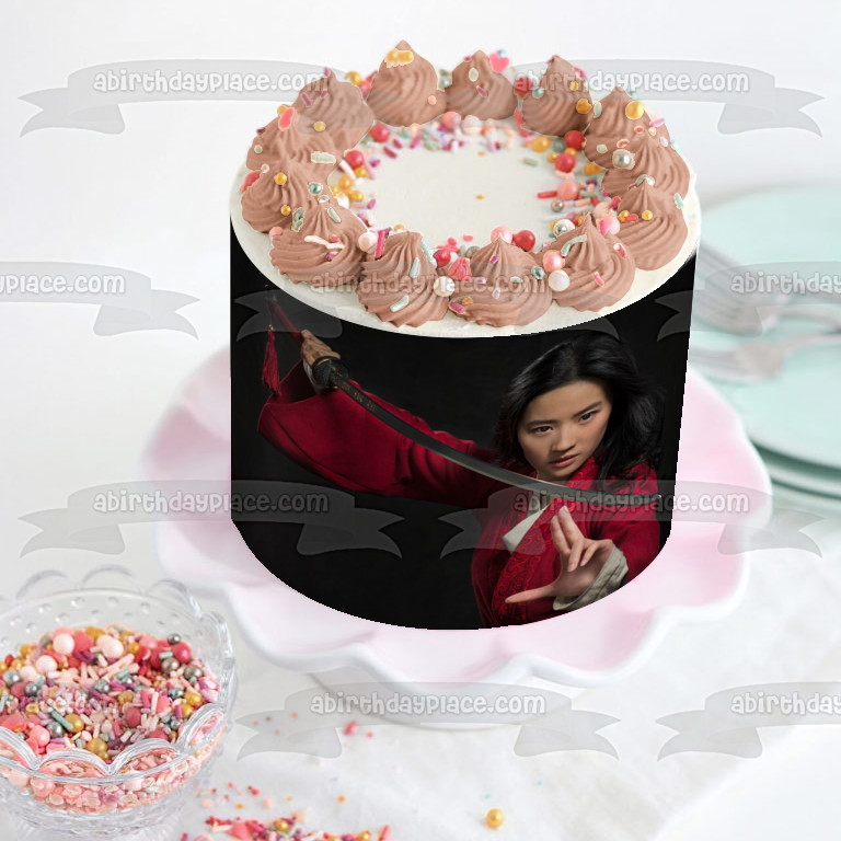 Imagen de decoración comestible para tarta con espada de la película Mulan de acción en vivo de Disney ABPID50423 