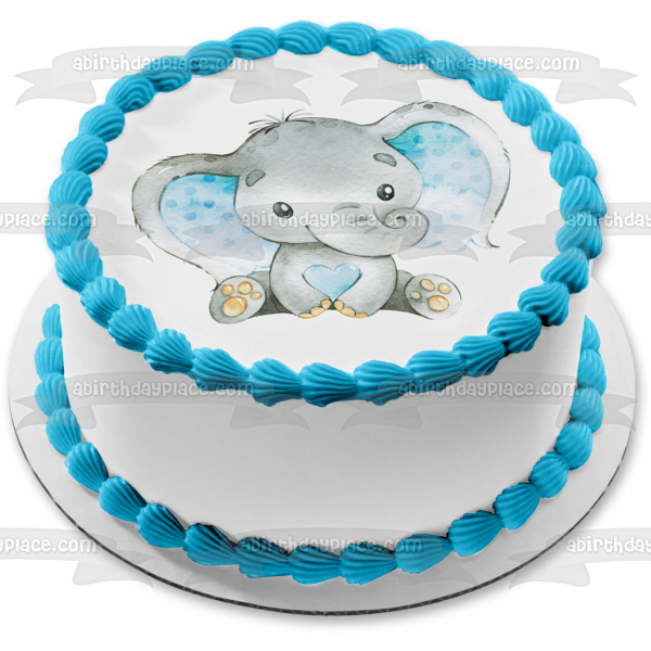 Adorno comestible para tarta con diseño de elefante azul y corazón, imagen ABPID50664 