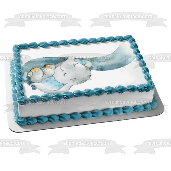 Baby Boy Blue Elephant with Mama Elephant Trunk Edible Cake Topper Image ABPID50665