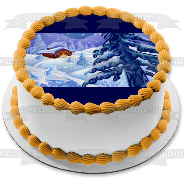 Imagen de adorno comestible para pastel de cabaña cubierta de nieve navideña ABPID50672 