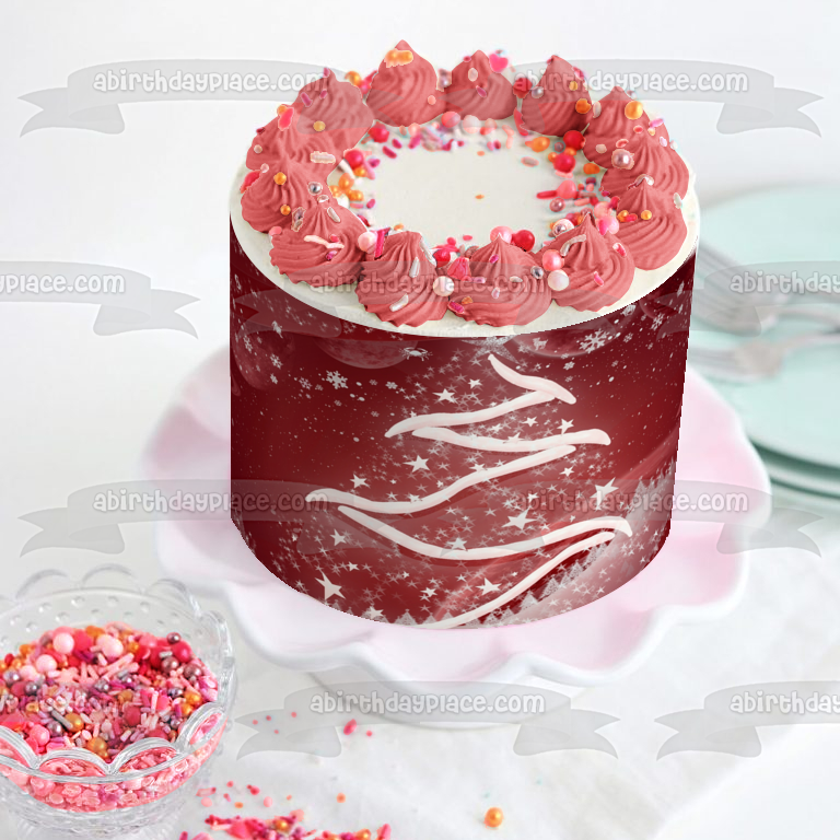 Árbol de Navidad con fondo rojo y nieve, adorno comestible para tarta, imagen ABPID50684 