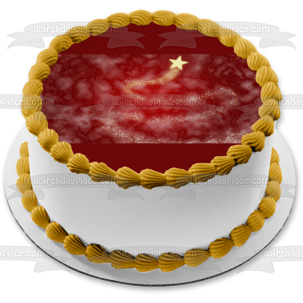 Imagen de adorno comestible para pastel con fondo rojo de estrella de árbol de Navidad ABPID50685 